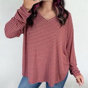 Red and white striped v-neck long sleeve